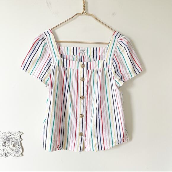 J. Crew Rainbow Striped Button Front Cotton Poplin Square Neck Top M - Picture 4 of 10